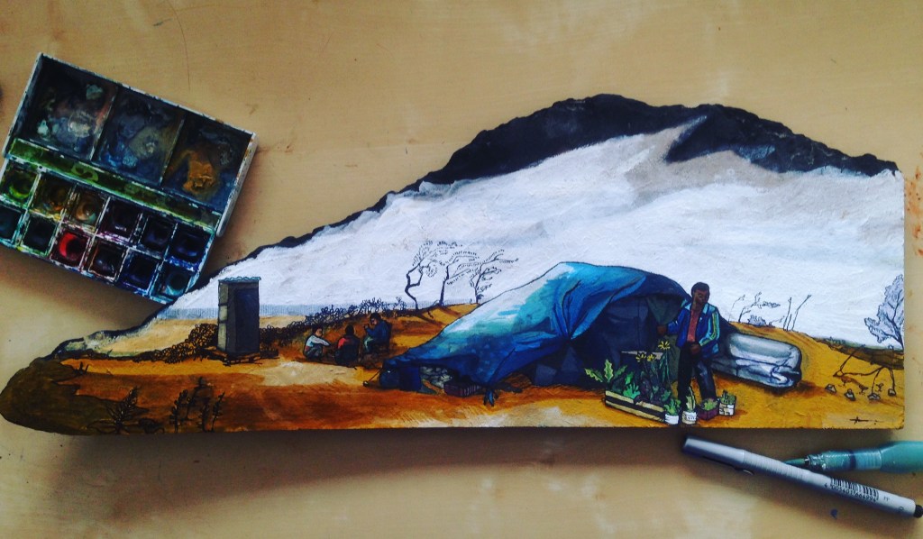 Work in progress. Sketching homes in the Calais Jungle on discarded material. A ghetto which has emerged in the shadow of the motorway, the border between Europe and the Uk. The product of sick politics which is driven by fear, but within it are examples of the best of humanity, support, generosity and resilience, as life must go on even in the most oppressive circumstances.