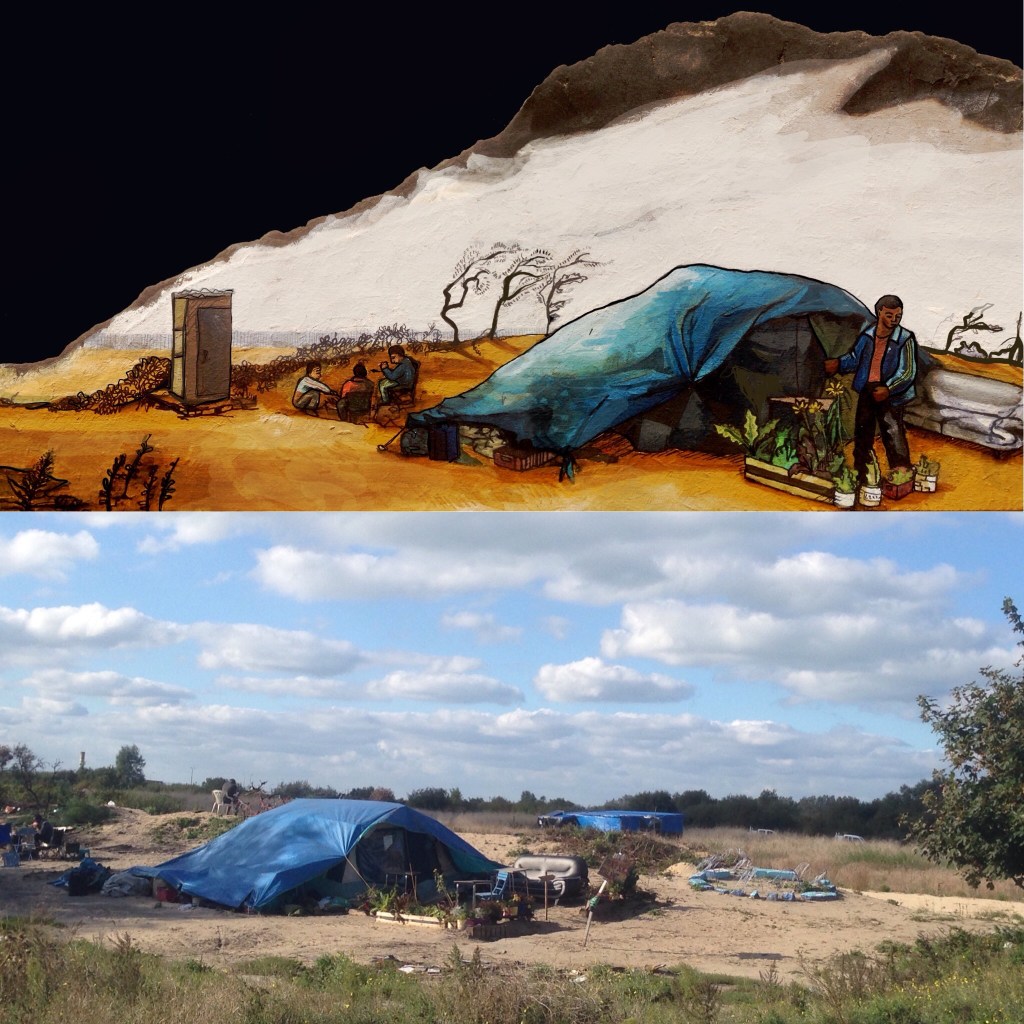 Finished. Sketching homes in the Calais Jungle on discarded material. A ghetto which has emerged in the shadow of the motorway, the border between Europe and the Uk. The product of sick politics which is driven by fear, but within it are examples of the best of humanity, support, generosity and resilience, as life must go on even in the most oppressive circumstances.